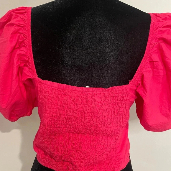 Sim & Sam Hot Pink Puff Sleeve Blouse Top With Cutout at Chest - Picture 8 of 11